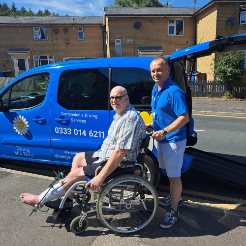 4 A companion driver providing patient transport to a patient in a wheelchair.